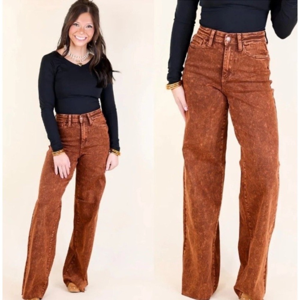 Judy Blue Wide Leg Jeans Garmet Dyed Pumpkin Spice Raw Hem Womens Size 7/28 NWT